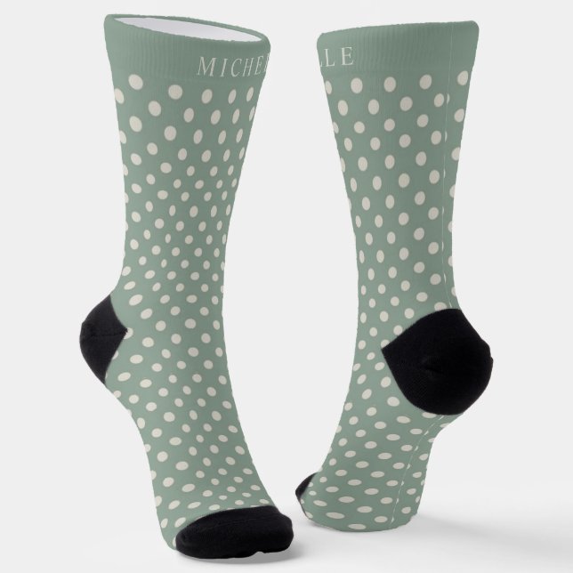 Chaussette Nom personnalisé Lumière Sauge Vert Blanc Polka Po (Angulaire)
