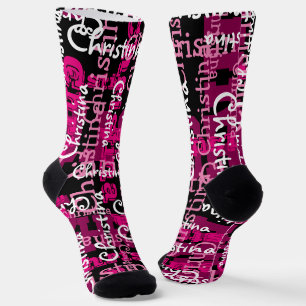 Chaussette Nom personnalisé sur tout rose Collage personnalis