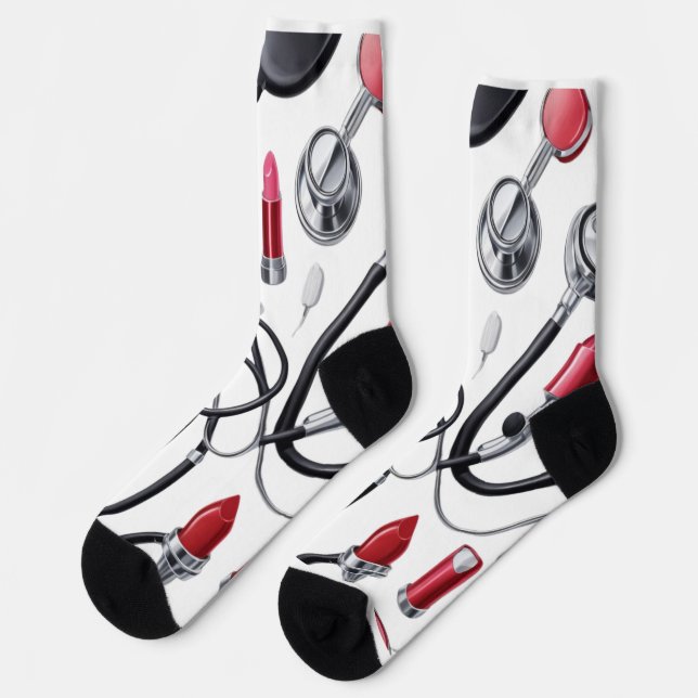 Chaussette Nurse Glam – Stethoscope & Lipstick Pattern (Gauche)