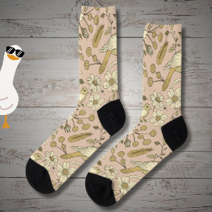 Chaussette Oiseau beige vintage et botanique
