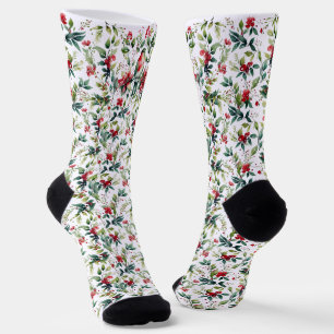 Chaussette Oiseau de Noël à l'aquarelle rouge vert botanique 