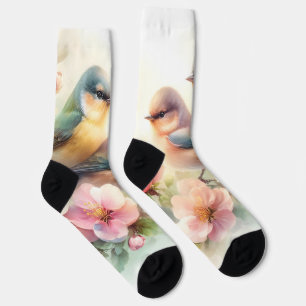 Chaussette Oiseaux de l'amour doux pastel de printemps Fleurs