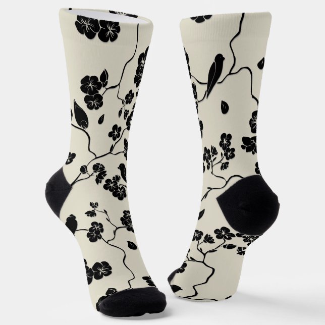 Chaussette Oiseaux et fleurs de cerisier à motif noir sur bro (Angulaire)