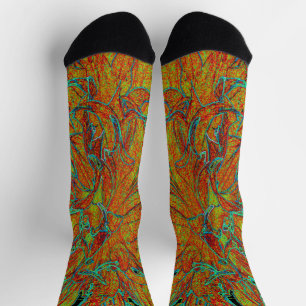 Chaussette Orange brûlée Abstraite et fleur de dahlia verte