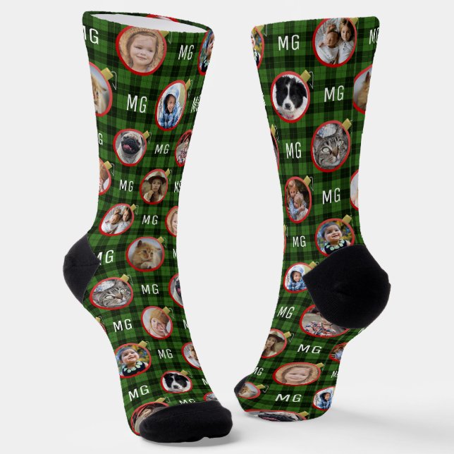 Chaussette Ornement de Noël Vert Plaid Easy Photo Collage (Angulaire)