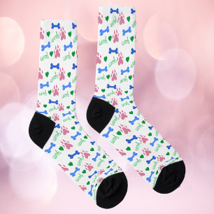 Chaussette Os de chien et patte colorés motif aboiement rose