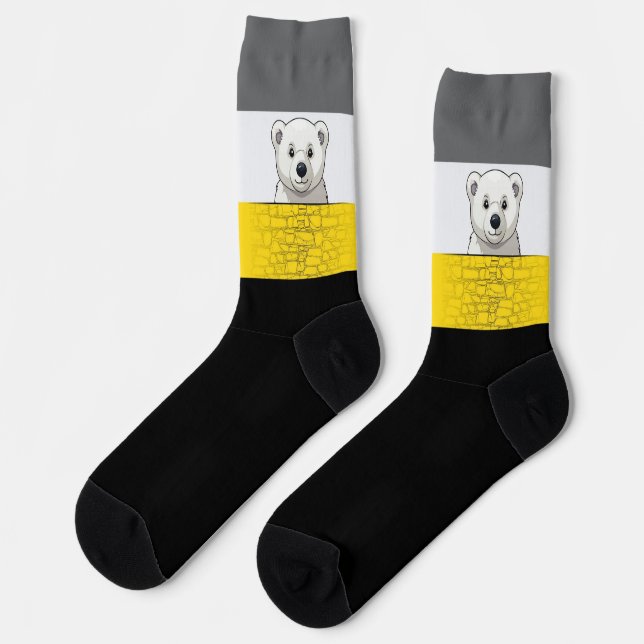 Chaussette Ours regardant par-dessus le mur, Jaune, Noir et G (Gauche)