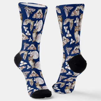 Chaussette Owls Moths Full Moon On Dark Blue