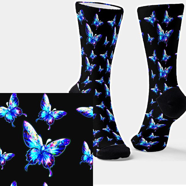 Chaussette Papillons bleus Iridescente sur le noir (Créateur téléchargé)