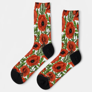 Chaussette Pavot rouge et brindilles, feuilles verts sur blan