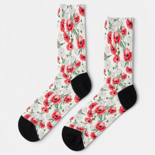 Chaussette Pavot rouge sur blanc, floral