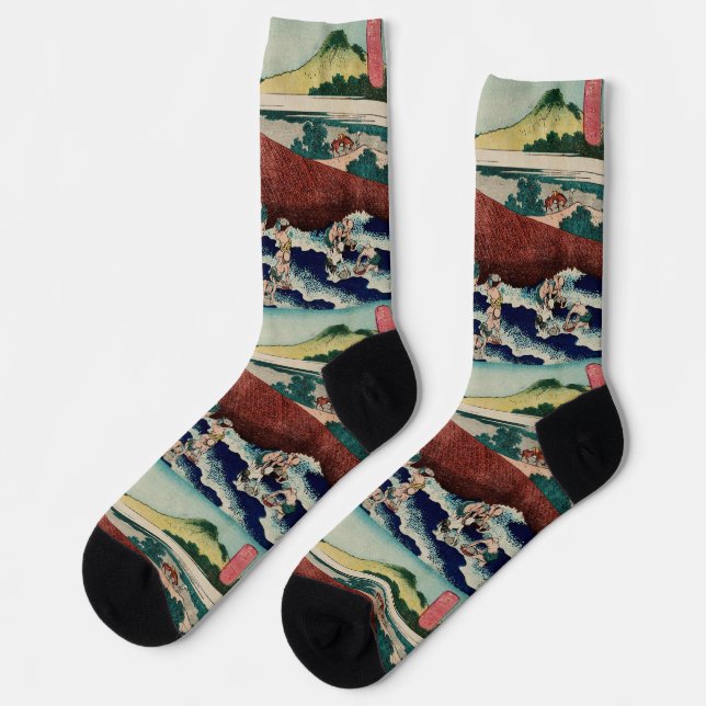 Chaussette Pêche au panier dans la rivière Kinu par Hokusai (Gauche)
