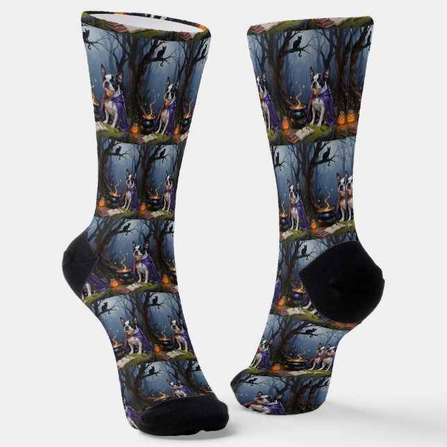 Chaussette Peinture d'Halloween de Boston Terrier Chien blanc (Angulaire)