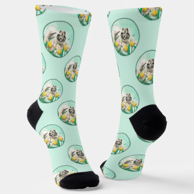 Chaussette Peinture Keeshond dans les tulipes mignonne art or (Angulaire)