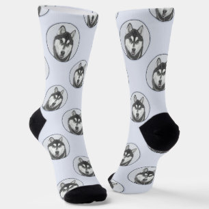Chaussette Peinture sibérienne Husky art Chien noir et blanc