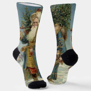 Chaussette Père Noël victorien vintage avec sapin de Noël