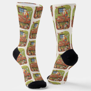 Chaussette Père Noël vintage de Noël avec des lutins dans l'a