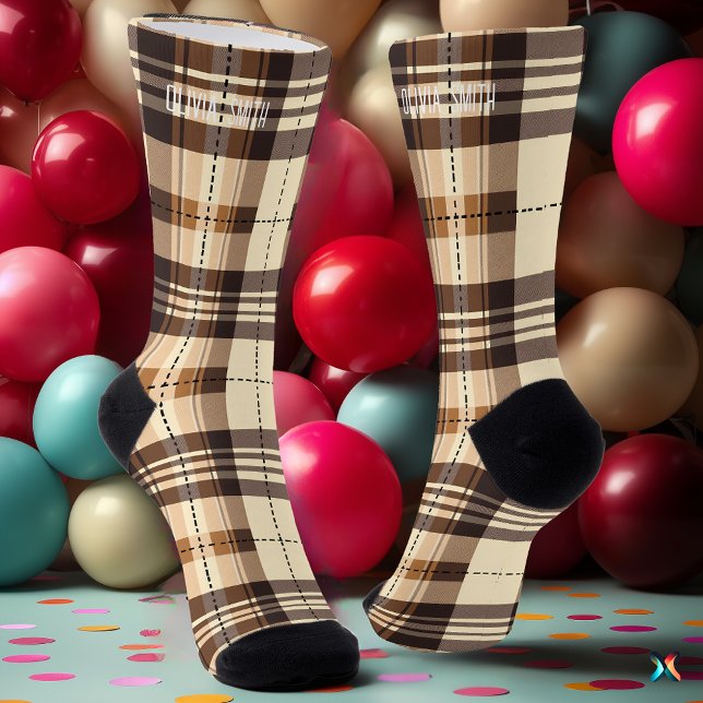 Chaussette Personnalisé Beige et Tartan Brown Plaid Personnal (Créateur téléchargé)