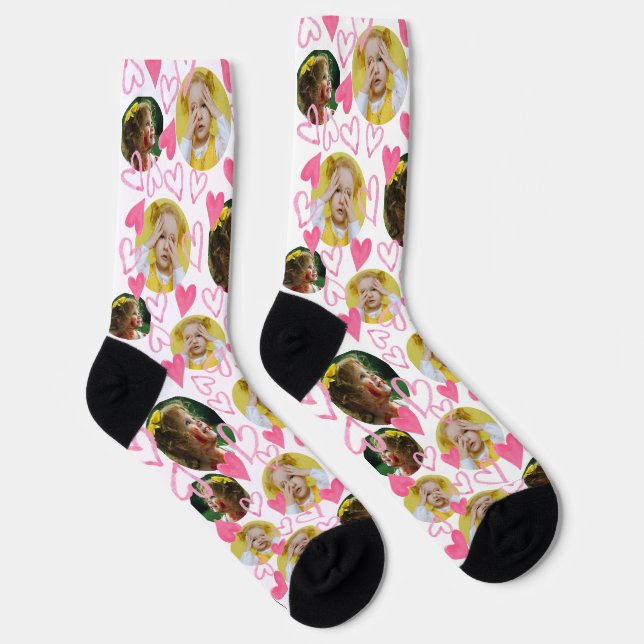Chaussette Personnalisé Enfant Photo Coeurs roses Chaussettes (Droite)