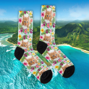 Chaussette Personnalisé Funny Chat Photo Tropical Feuille Haw