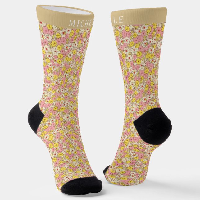 Chaussette Personnalisé Jaune Rose Floral Fleurs Motif (Angulaire)