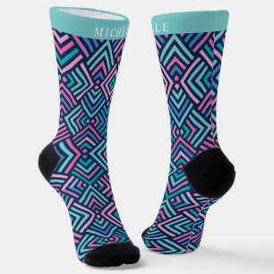 Chaussette Personnalisé Lumineux Bleu Bleu foncé rose géométr