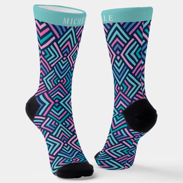 Chaussette Personnalisé Lumineux Bleu Bleu foncé rose géométr (Angulaire)