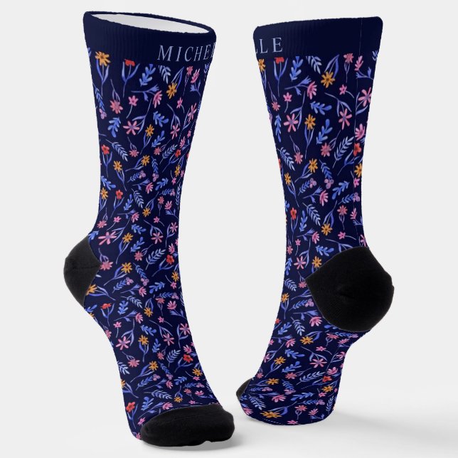 Chaussette Personnalisé Motif Fleurs rose floral bleu foncé (Angulaire)