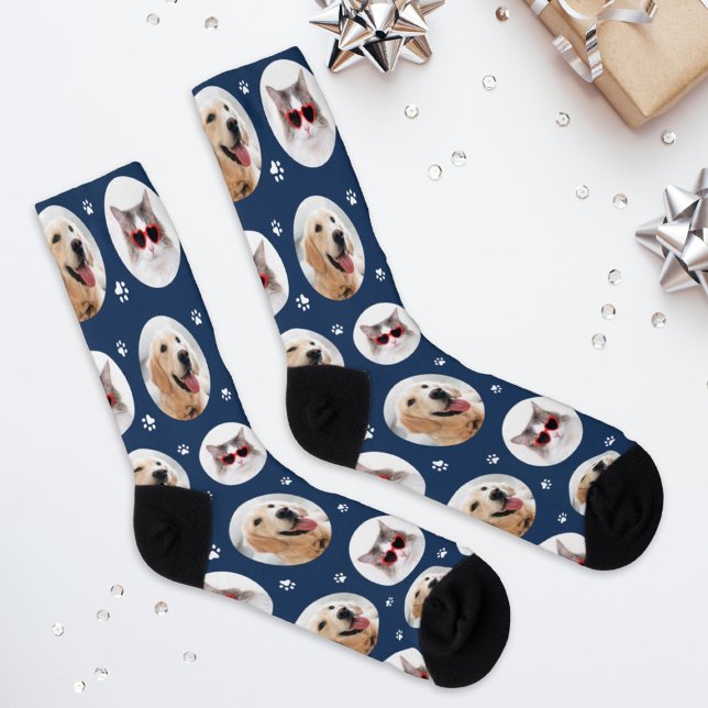 Chaussette Personnalisé Pet 2 Photo Empreinte de patte bleu m (Créateur téléchargé)