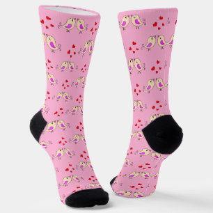 Chaussette Petits Oiseaux et Coeurs Jaunes mignons en rose cl