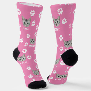 Chaussette Photo de chat personnalisé & nom rose