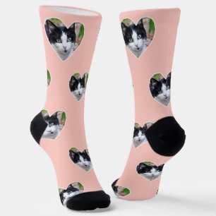 Chaussette Photo de chat Tuxedo personnalisée en rose clair