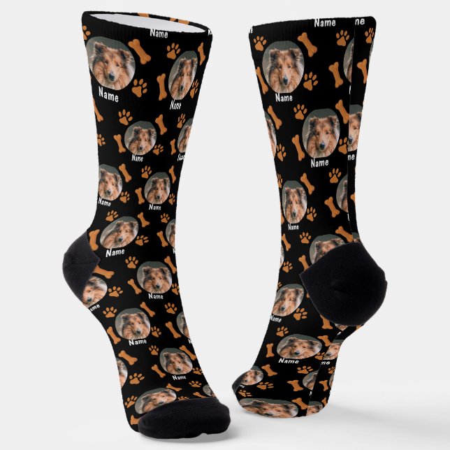 Chaussette Photo et nom du chien, avec os et Empreintes de pa (Angulaire)