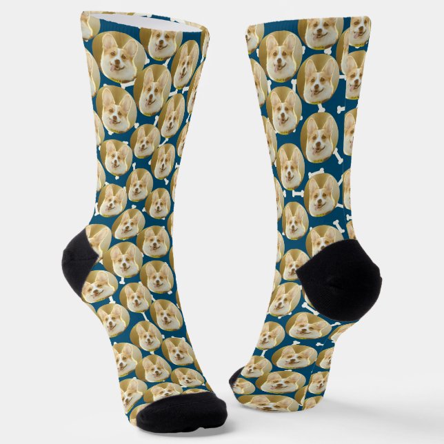 Chaussette Photo Motif de chien personnalisé Chien papa bleu  (Angulaire)