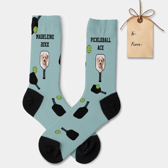 Chaussette Pickleball Motif Pet Photo Turquoise Personnalisé (pickleball gift personalized socks paddles ball name text modern teal black pet photo)