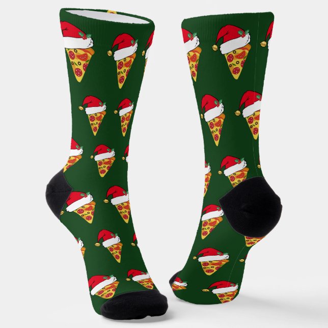 Chaussette Pizzas de Noël amusantes en Santa Hats Green (Angulaire)