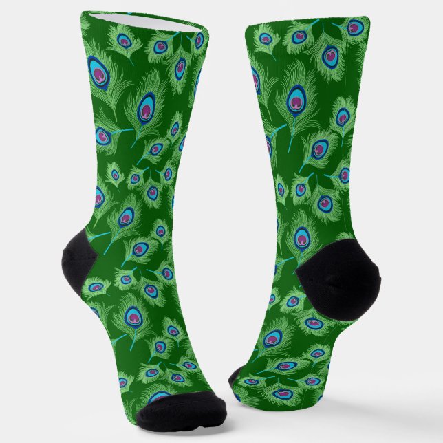 Chaussette Plumes de chaux et de paon bleu sur vert émeraude (Angulaire)