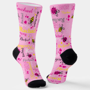 Chaussette Pouilles roses abeilles et coeurs filles nom perso