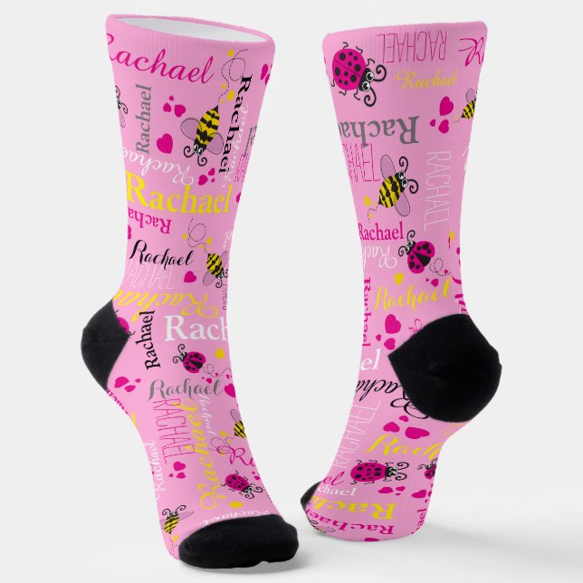 Chaussette Pouilles roses abeilles et coeurs filles nom perso (Angulaire)
