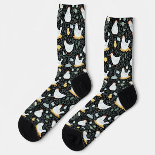 Chaussette Poules rêvant dans le poulailler en noir