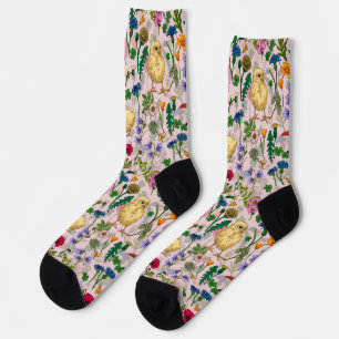 Chaussette Poulets et fleurs sauvages sur coton bonbon rose