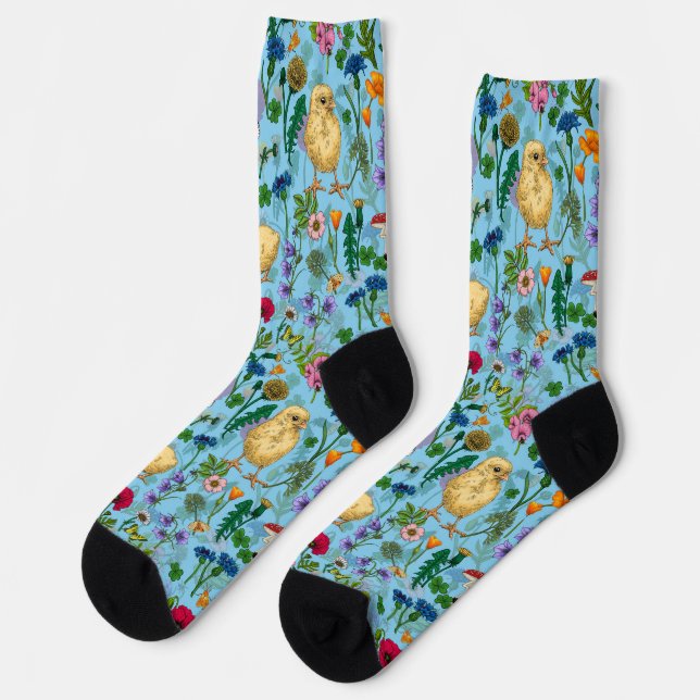 Chaussette Poulets et fleurs sauvages sur le bleu bébé (Gauche)