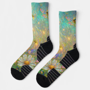 Chaussette Prairie de fleurs sauvages avec libellules lumineu