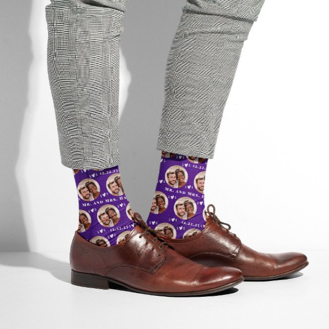 Chaussette Purple Newlyweds Photo Motif Mariage (Créateur téléchargé)