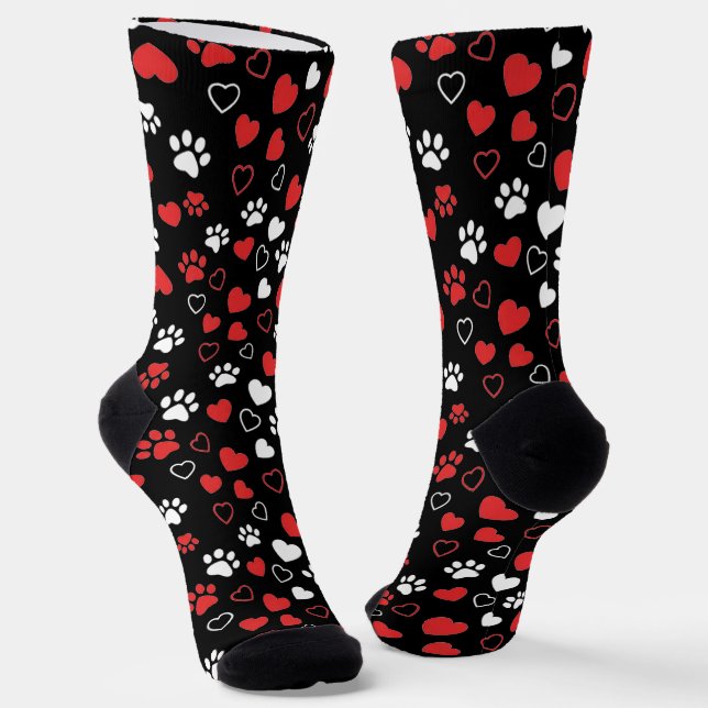Chaussette Red and White Paw Print and Heart Pattern Socks (Angulaire)