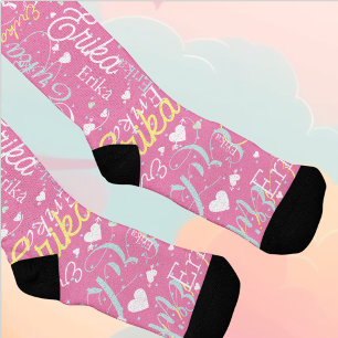 Chaussette Répéter son nom et ses coeurs ROSE romantique