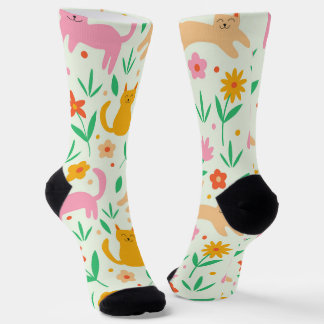 Chaussette Retro Happy Cats with Orange Red and peach flowers