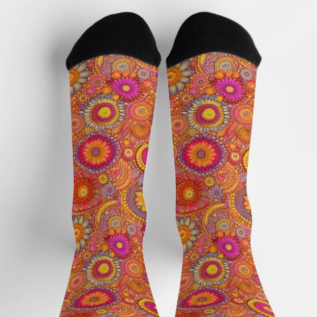 Chaussette Retro Hippie : Chaussettes Marguerites Roses (Haut)