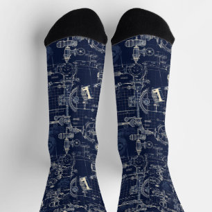 Chaussette Retro Industrial Blue print Engineering