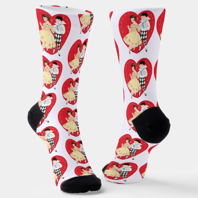 Chaussette Retro Valentine's Day, Vintage Harlequin and Heart (Angulaire)